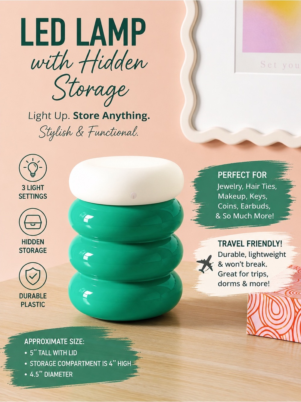 GREEN Room Essentials LED Jewelry Storage Lamp 3 Settings - Rechargeable NWT